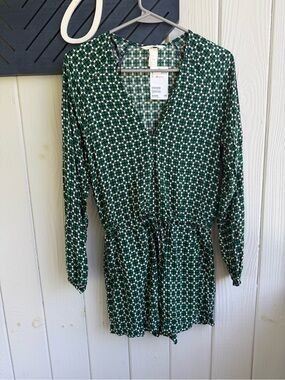 NWT H&M Green White Printed Long-Sleeve Romper